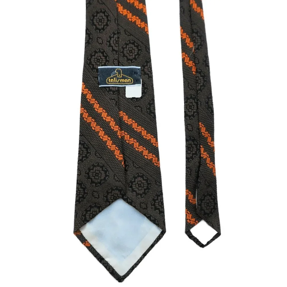 Talisman Tie Vintage Retro Mixed Floral Geo Patterns Brown Orange